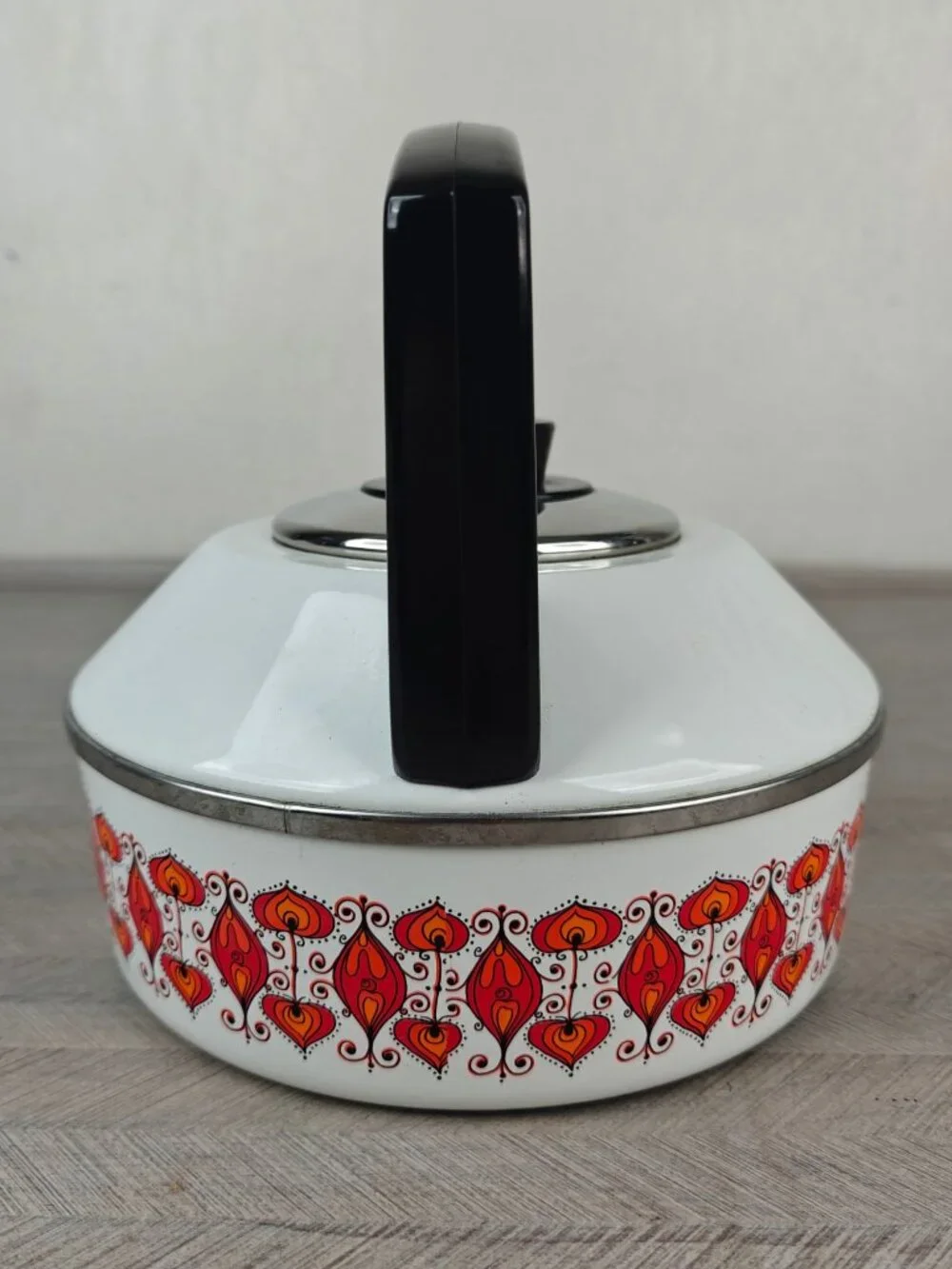 Vintage Austria Email Enamel Tea Kettle Mid-Century Modern White Red Black